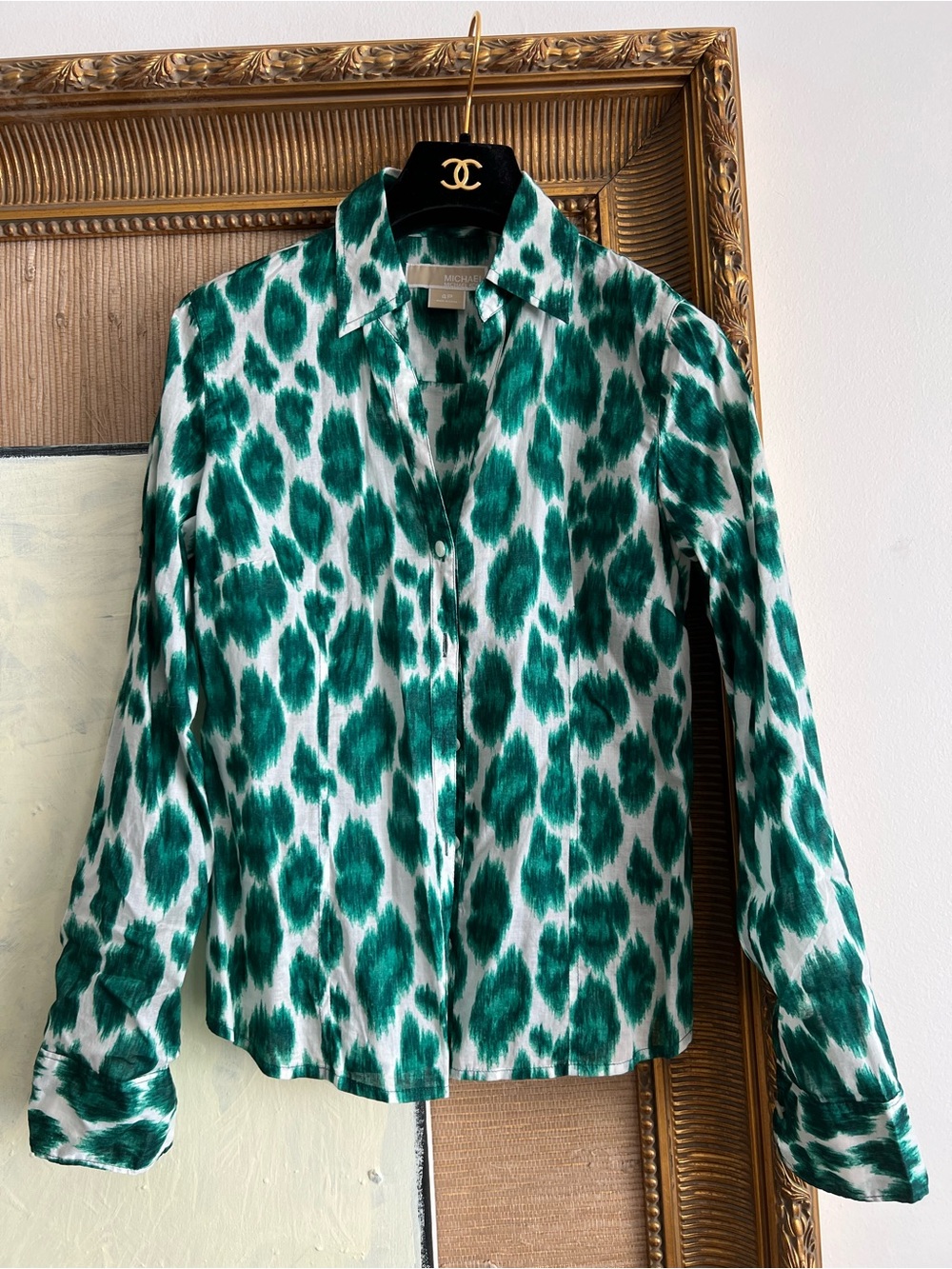 Michael Kors 4P S Green White ikat print Leopard cotton Button-Down Blouse top
